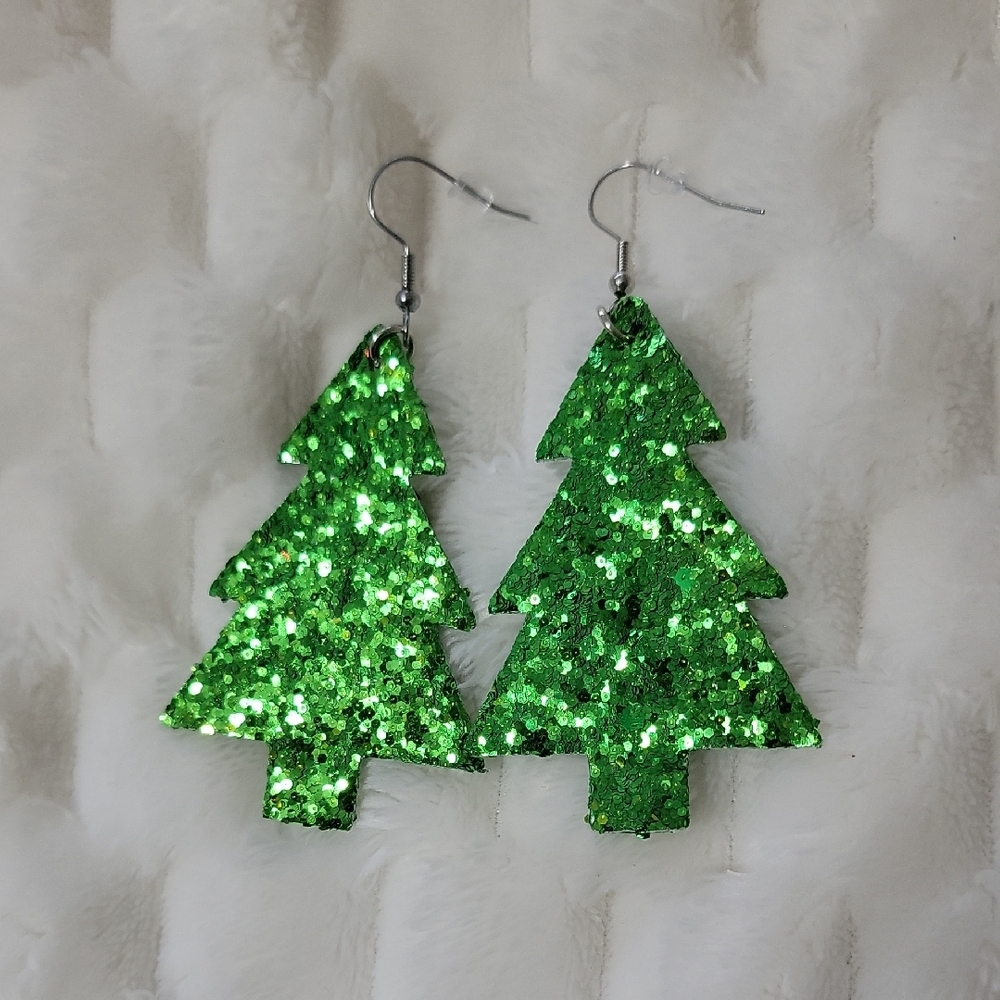 Green Glitter Christmas Tree Earrings Faux Leathee